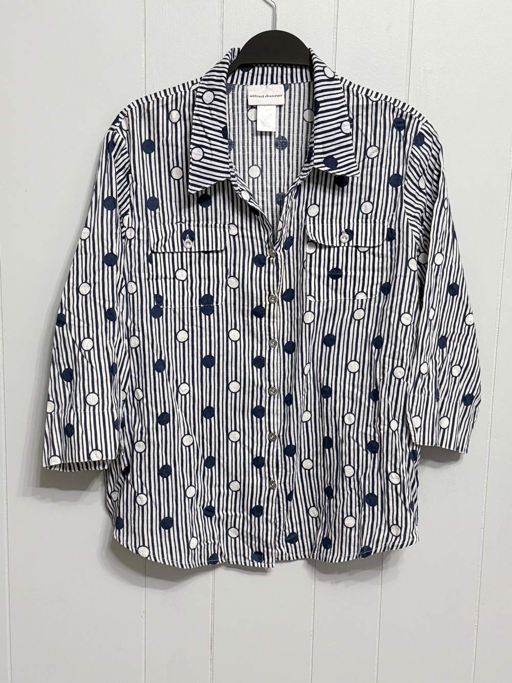 #21)  Alfred Dunner Navy & White Striped Polka Dot Button-Down Cotton Shirt